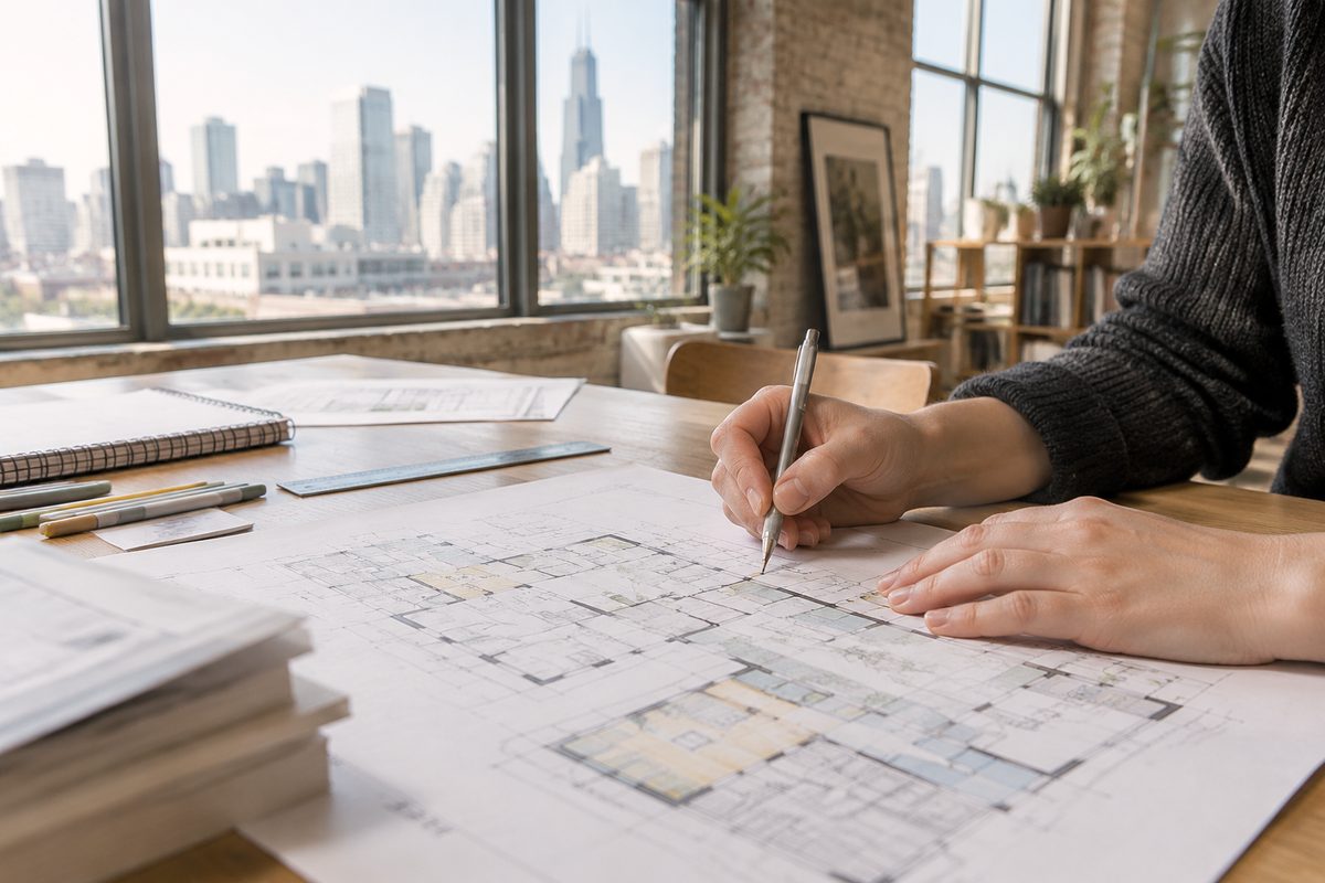 Hands marking enrollment scheduling modules and registration flows on a design sheet