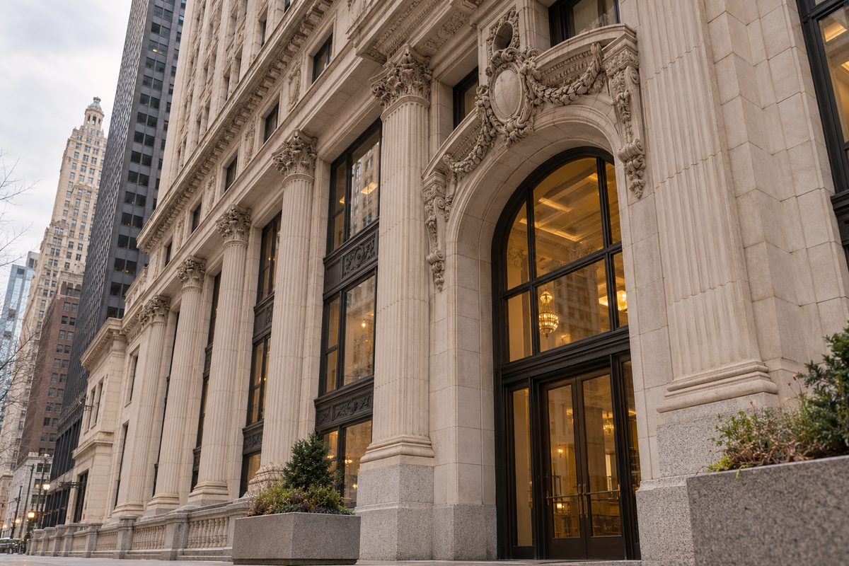 Historic stone facade and architectural entrance along South LaSalle Street in Chicago
