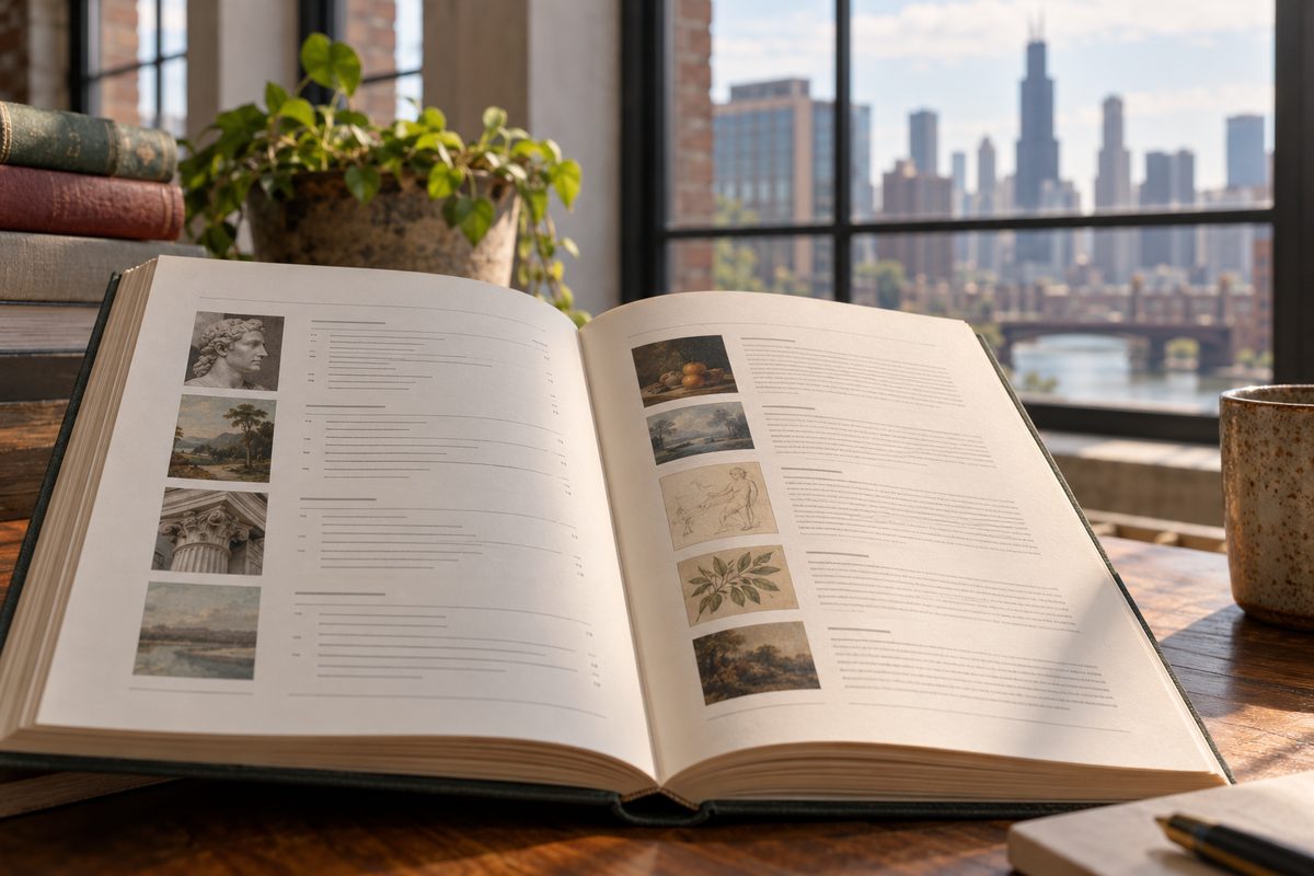Archival project dossiers, client launch specifications, and printed educational case studies arranged on studio consultation table