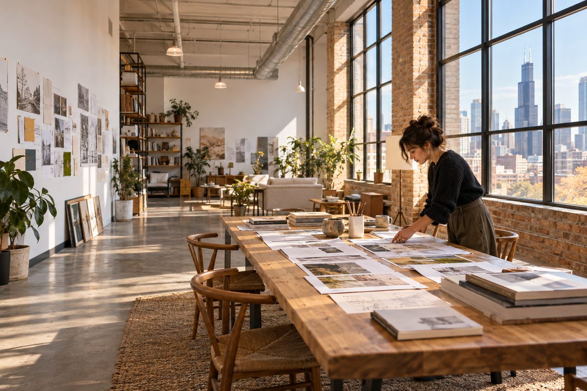 Learhatven design studio loft with educational course layouts and drafting table in natural daylight
