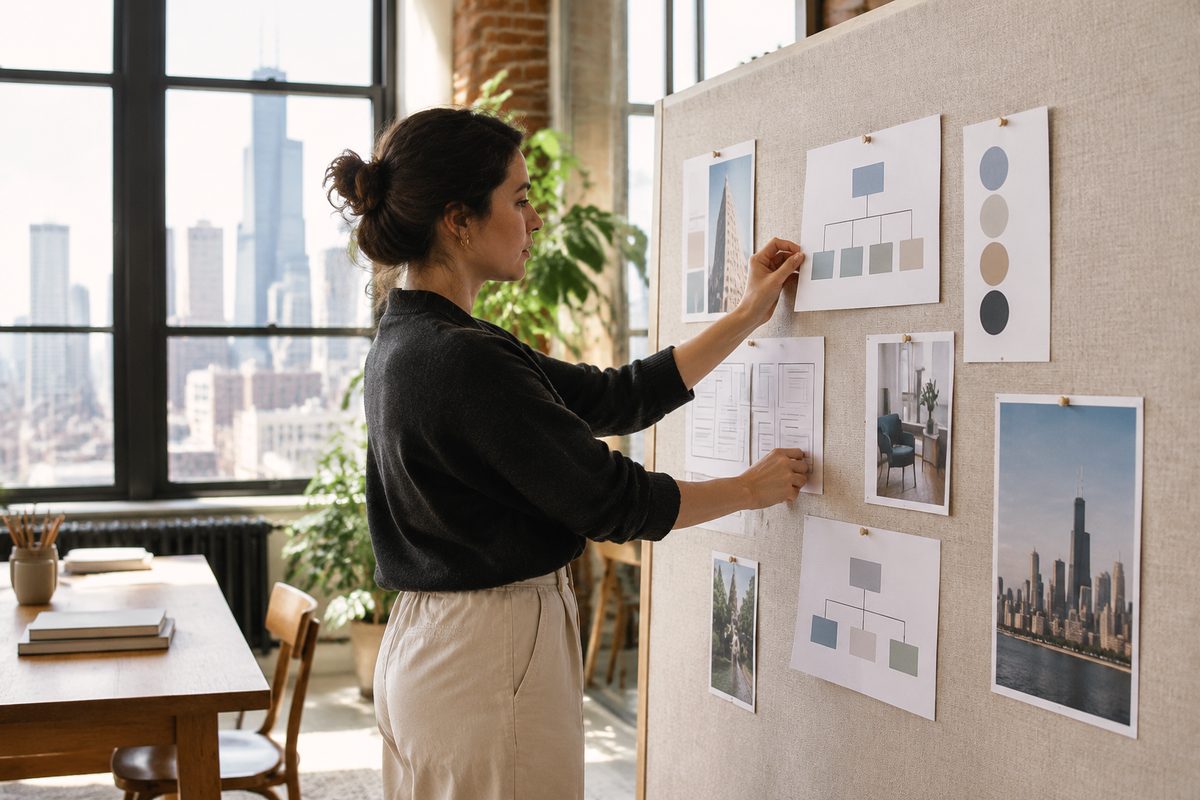 Instructor pinning curriculum structure cards to an architectural studio pinboard