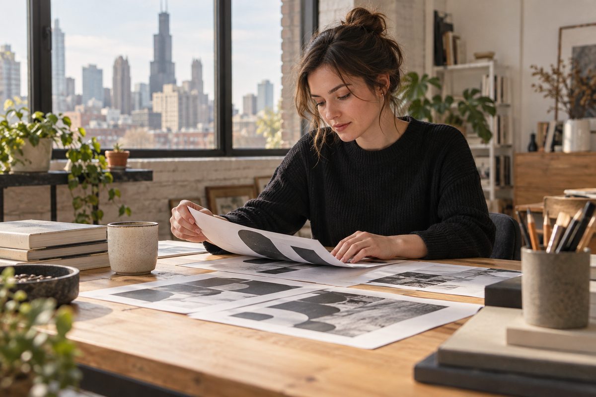 Web designer Irina Kuznetsova reviewing typographic proofs at her Chicago studio desk