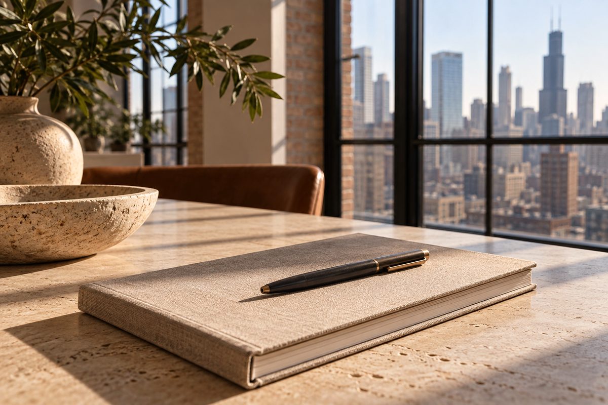 Client agreement folder and pen on a limestone desk surface