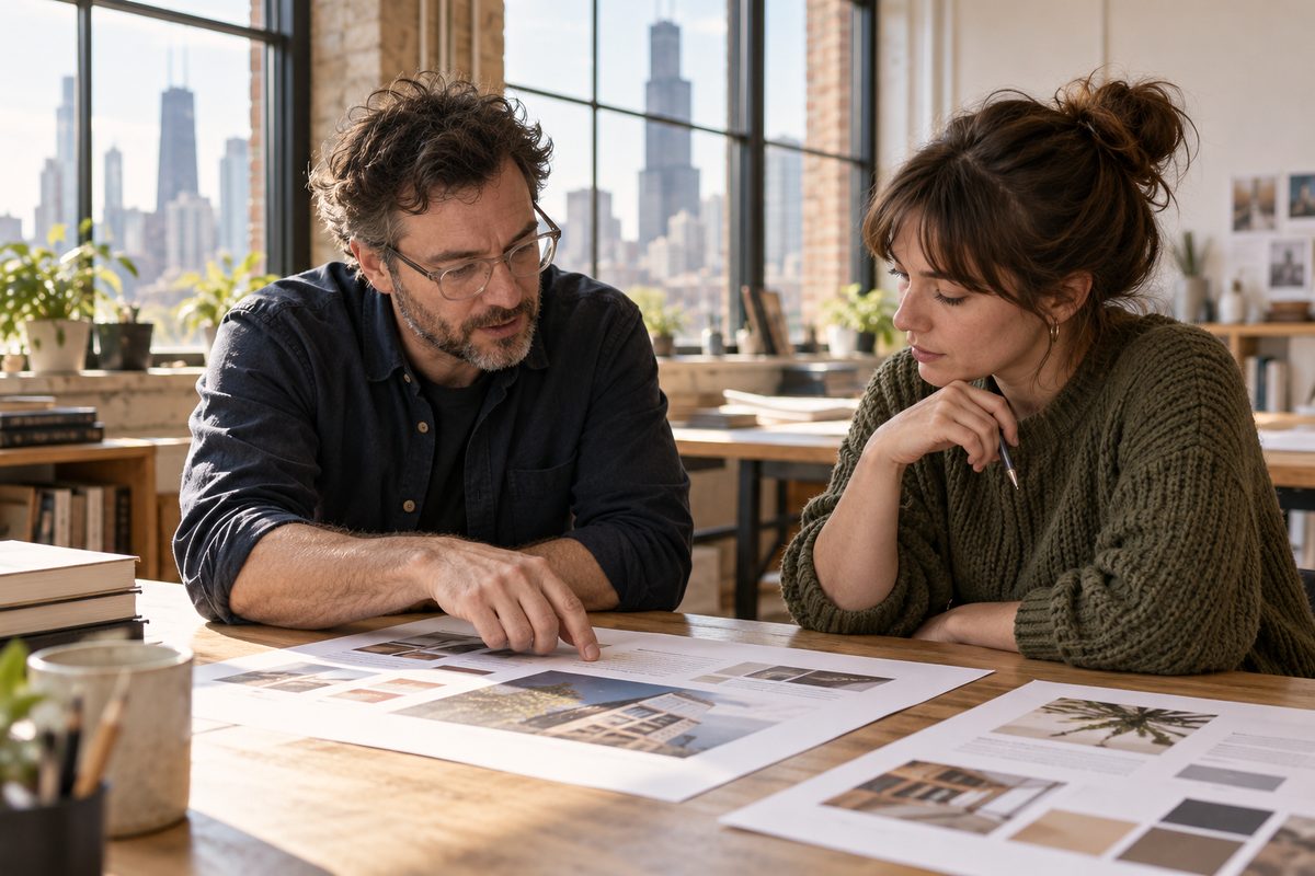 Tutor and adult student reviewing course page layouts at a wooden worktable