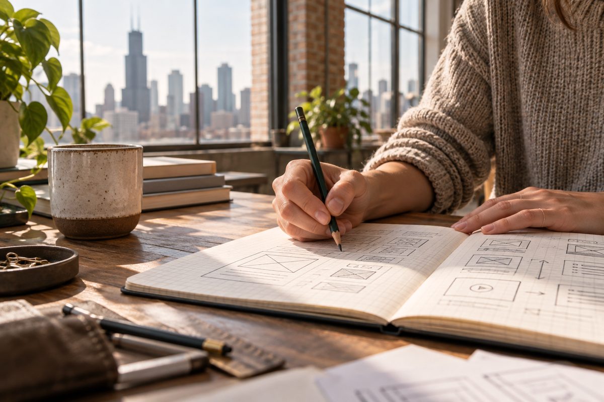 Designer hands mapping course site structure and lesson sequences in a gridded journal