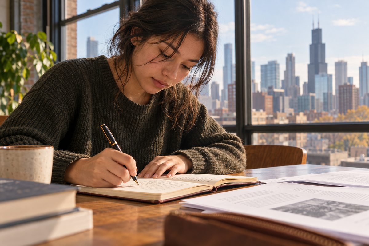 Student writing detailed curriculum notes with an ink pen in a hardcover journal