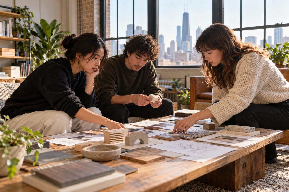 Small adult learning group examining educational project drafts in an open studio room
