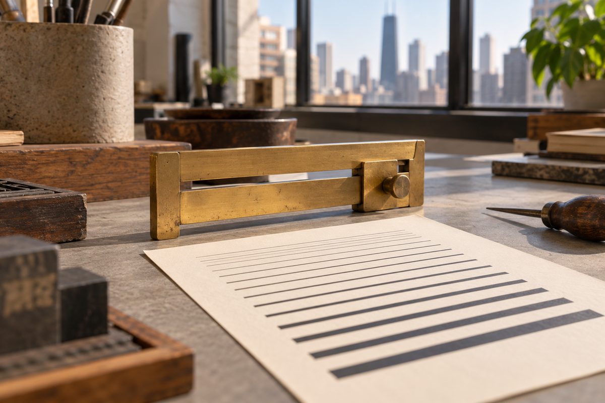 Typographic scale sheet and precision brass gauge on design drafting desk
