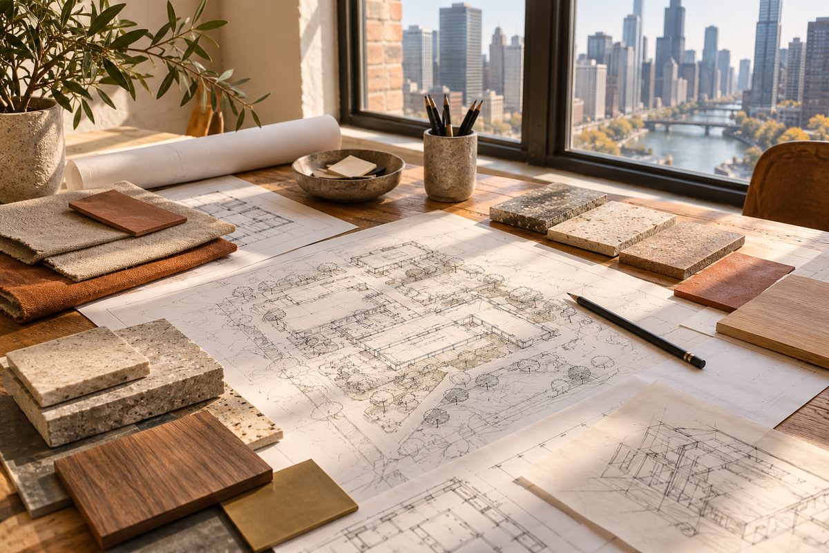 Curated flat-lay of site wireframe sheets, tone swatches, and lesson planning cards